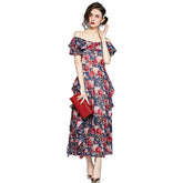 Summer Boat-neck Ruffled Short-sleeved Floral Maxi Dress - FashionByTeresa